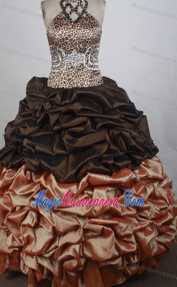 Beading Halter Top Leopard Print Quinceanera Dresses in Brown