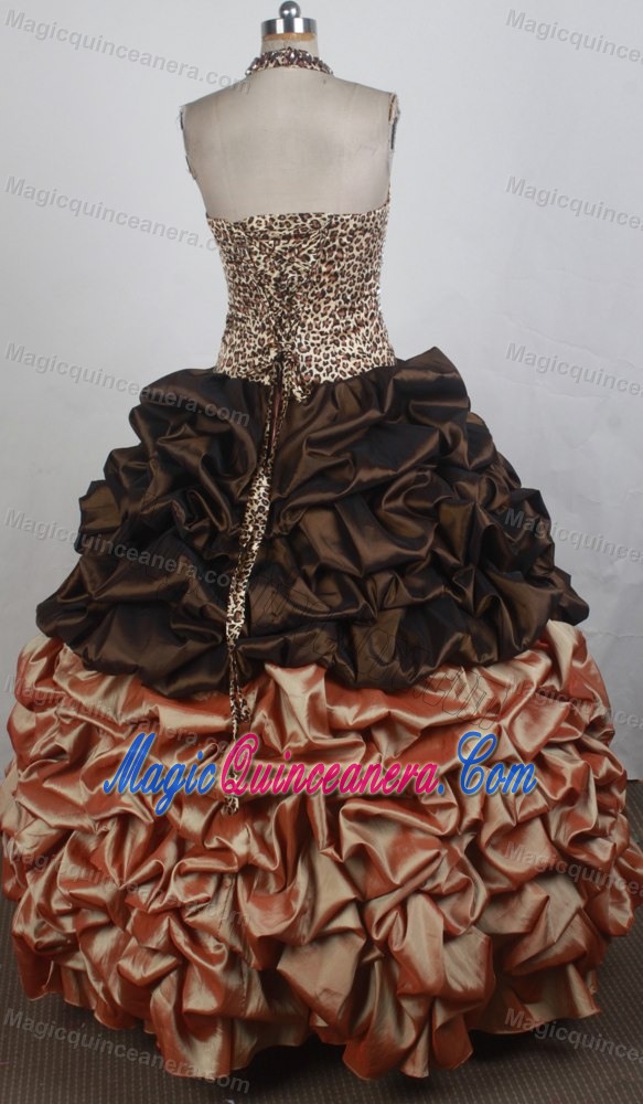 Beading Halter Top Leopard Print Quinceanera Dresses in Brown