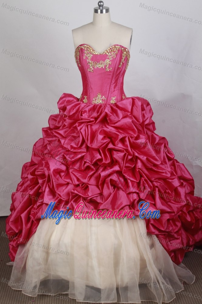 Sweetheart Appliques and Pick-ups Sweep Train Sweet 15 Dresses in Hot Pink