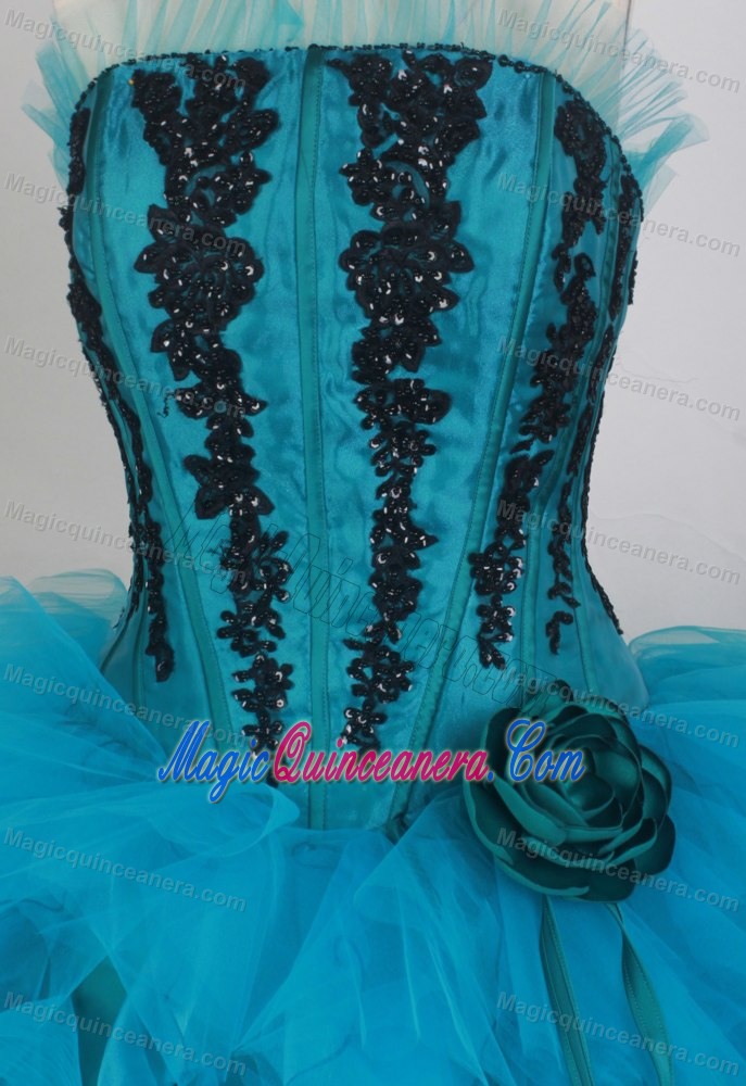 Strapless Ruffles and Appliques Sweet 15 Dresses in Turquoise