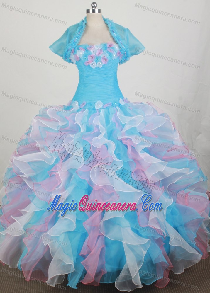 Colorful Flowers Ruched Strapless Ruffled Dresses For a Quince