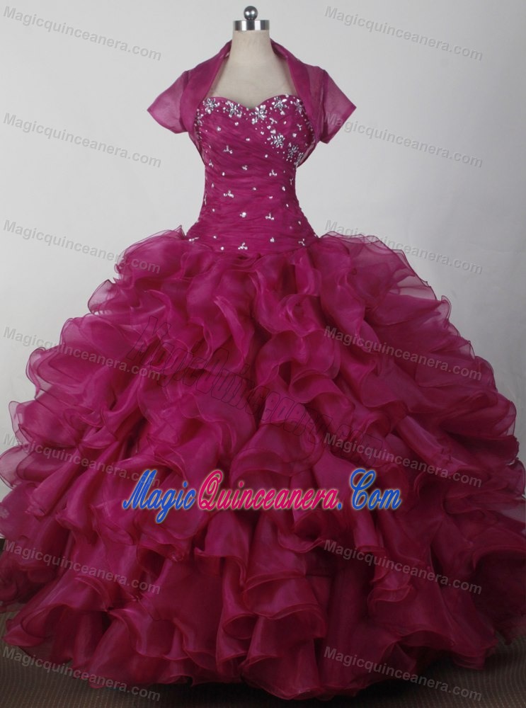 Fuchsia Sweetheart Ruffled Beading Dress For Quinceaneras With Jacket