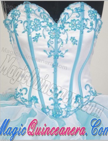 Sweetheart Beading Appliques Dresses For a Quince with Ruffles in White and Blue
