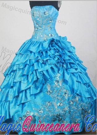 Embroidery and Beading Ruffles Strapless Aqua Blue Dresses For 15