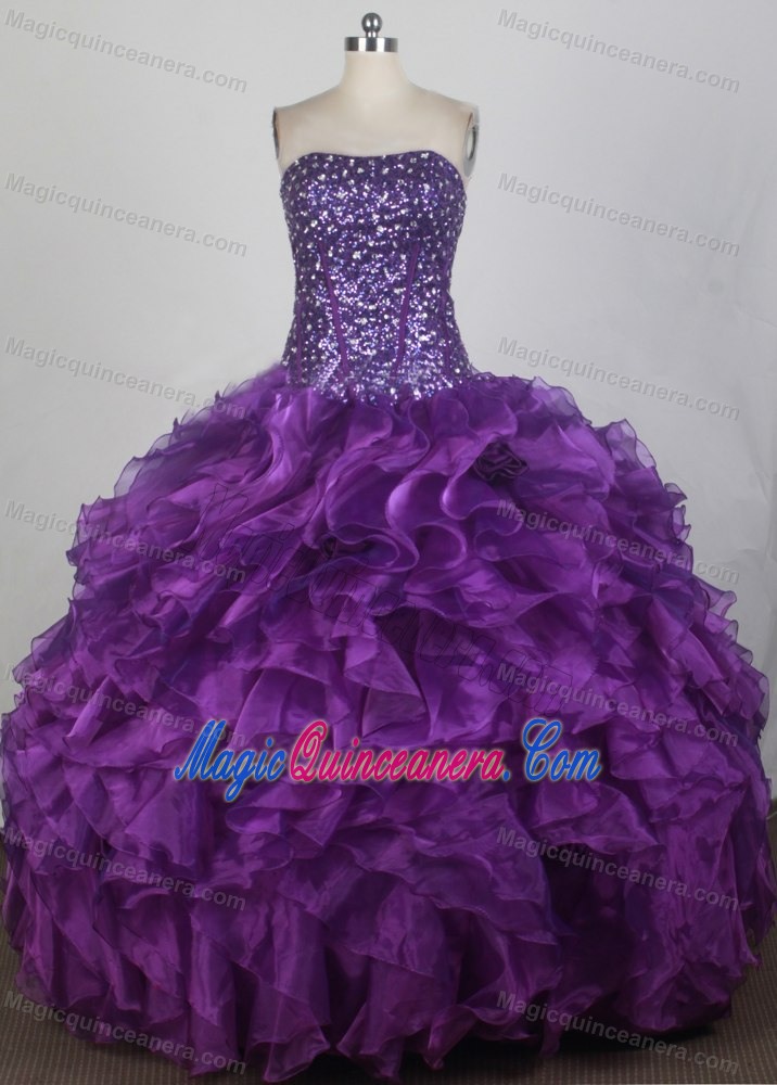 Strapless Floor-Length Beading Ruffles Purple Sweet 16 Dresses