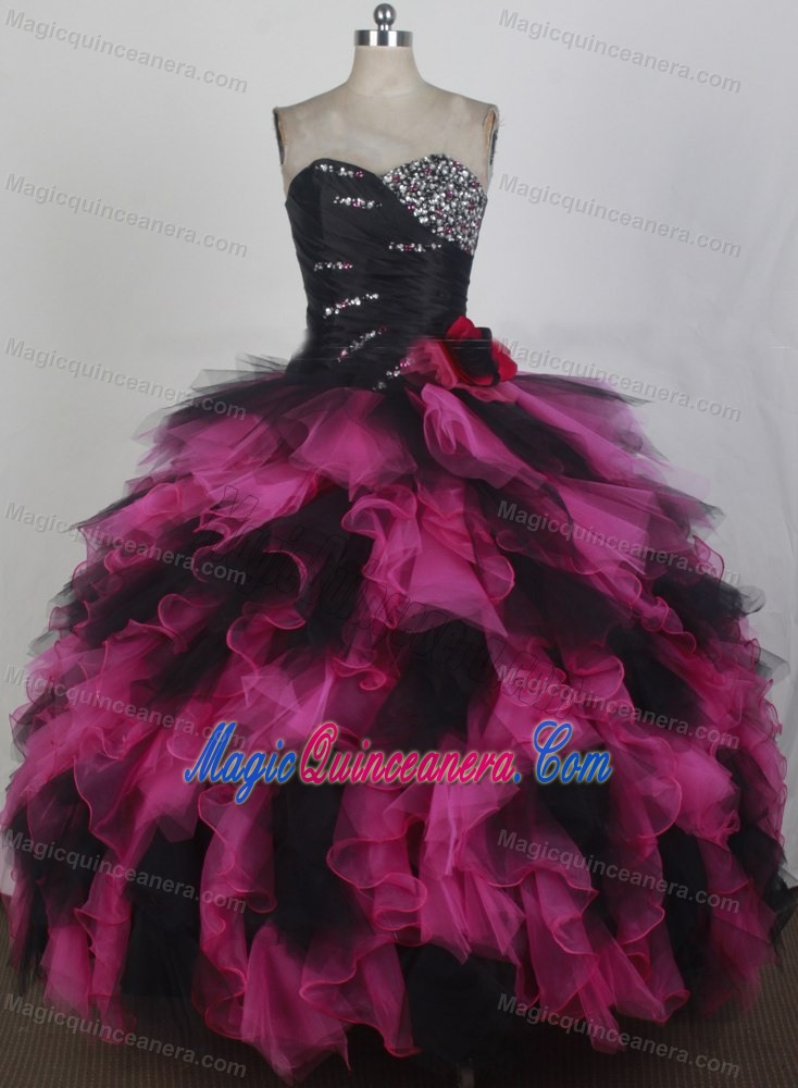 Ruffled Black and Fuchsia Ball Gown Sweetheart Sweet 15 Dresses