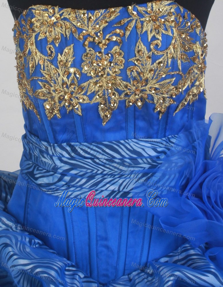 Appliques Strapless Blue Zebra Quinces Dresses with Pick-ups