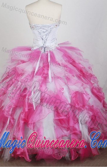 Beading White and Pink Sweetheart Ruffled Quinceanera Dresses