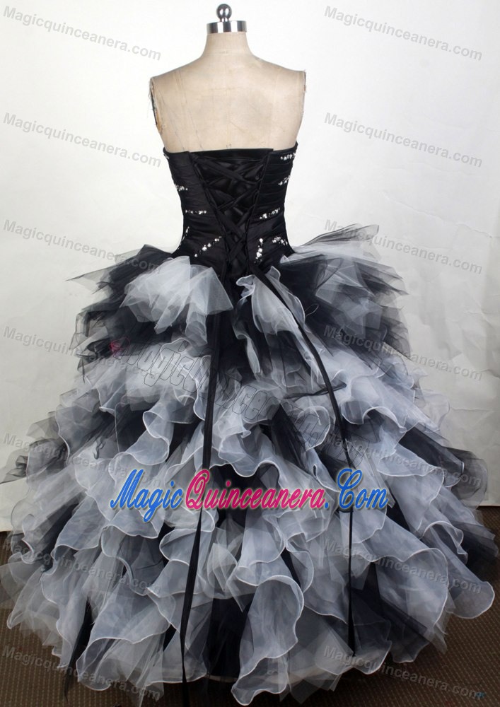 Black and White Sweetheart Beadning Ruflled Quinceanera Dress