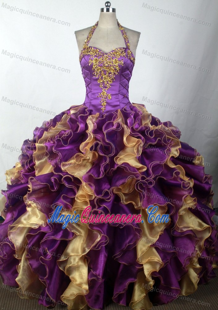 Halter Top Sweetheart Beading Quinceanera Gown in Purple and Gold