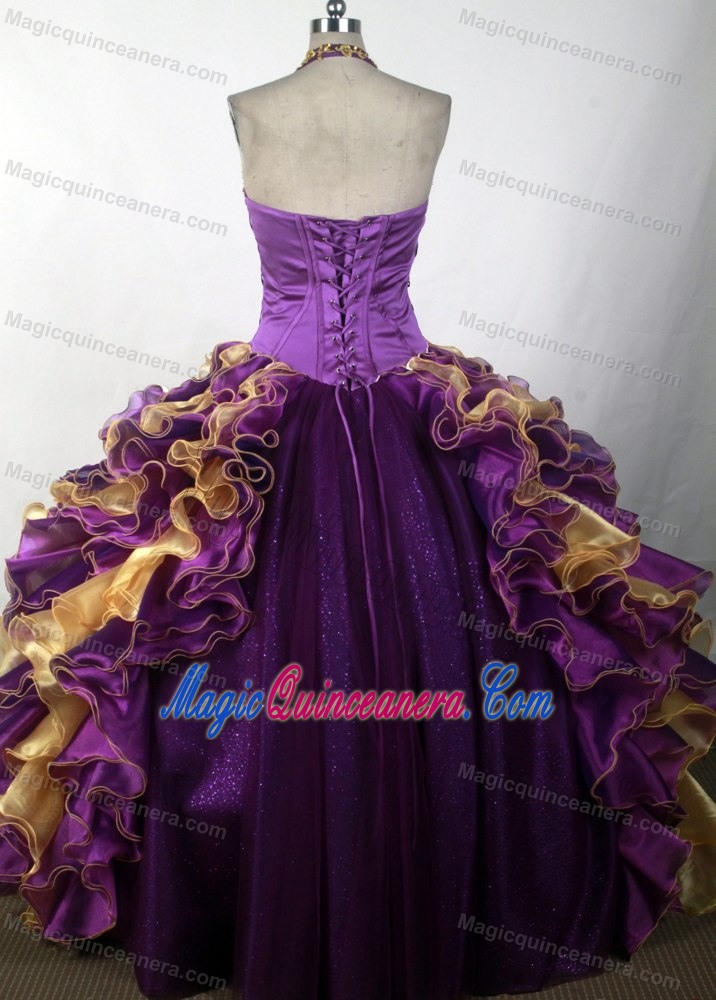 Halter Top Sweetheart Beading Quinceanera Gown in Purple and Gold