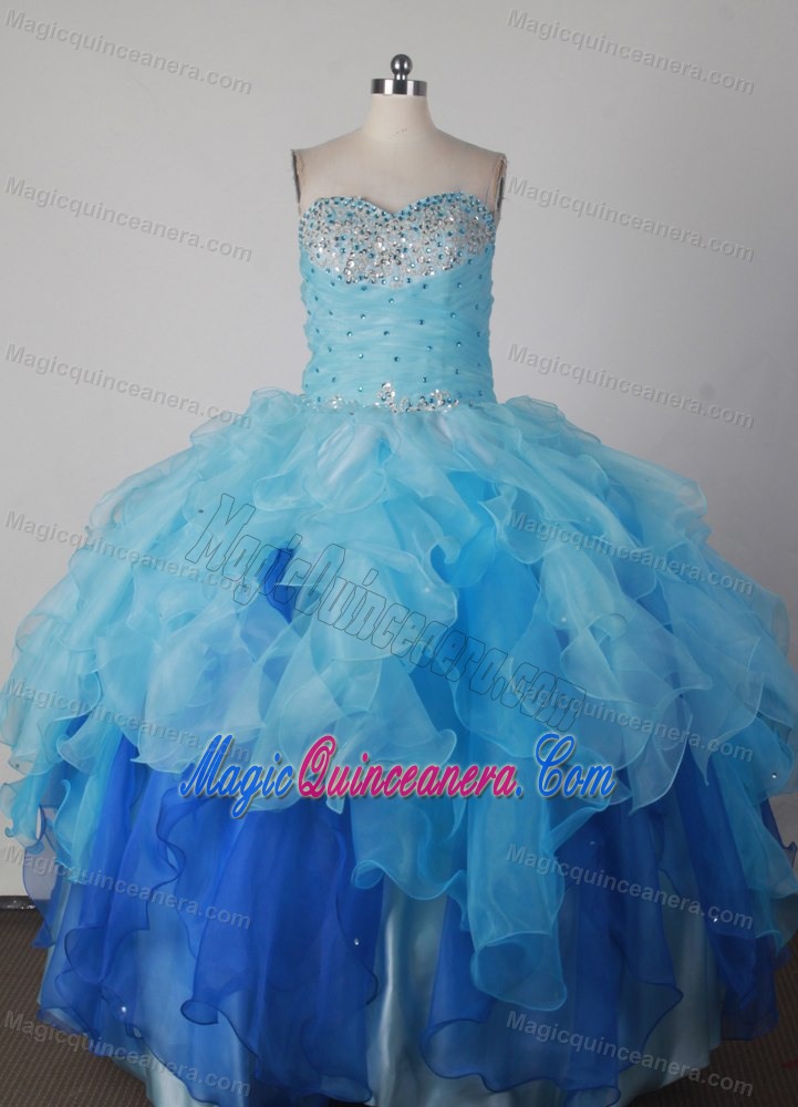 Sweetheart Beading Ruffled Ball Gown Blue Dress For Quinceaneras