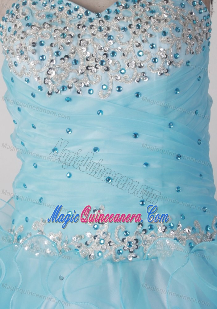 Sweetheart Beading Ruffled Ball Gown Blue Dress For Quinceaneras