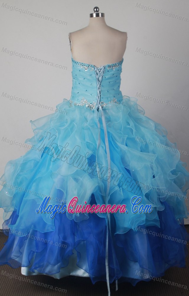 Sweetheart Beading Ruffled Ball Gown Blue Dress For Quinceaneras
