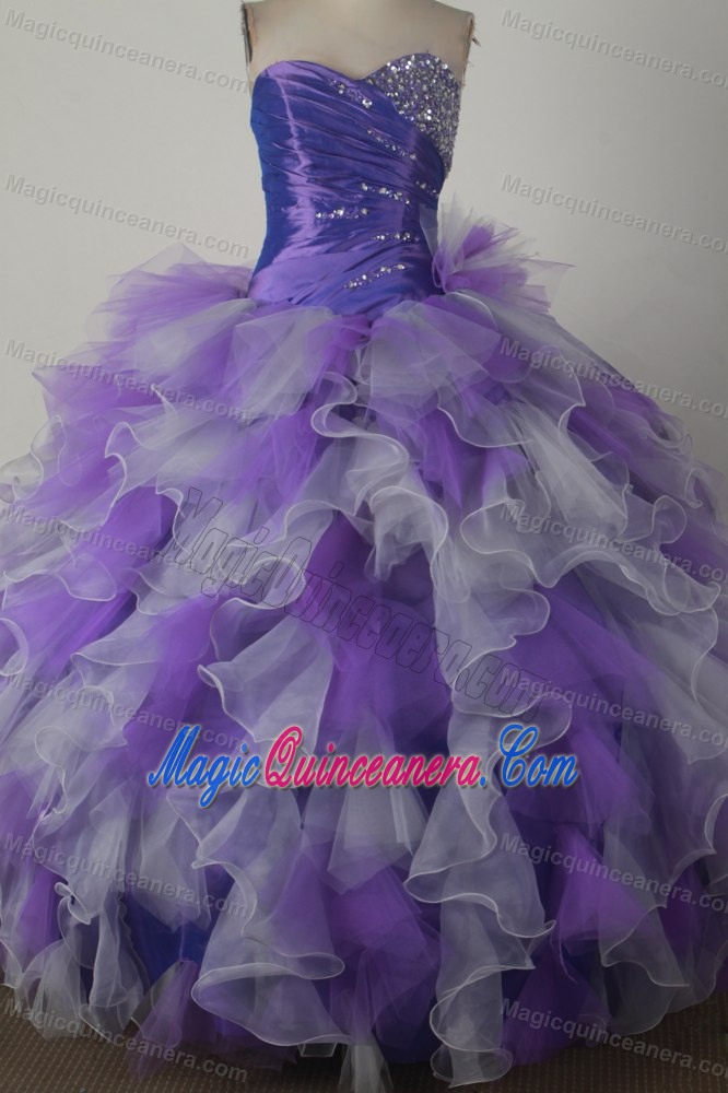 Beading Sweetheart Ruffled Quinceanera Dress in Purple and White