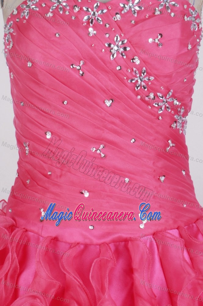 Rose Pink Ball Gown Strapless Beading Ruffles Quinceanera Dress