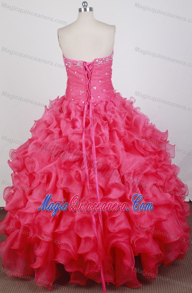 Rose Pink Ball Gown Strapless Beading Ruffles Quinceanera Dress