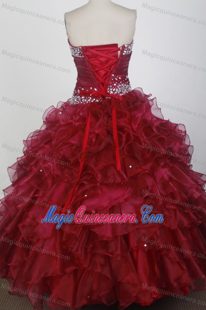 Beading Sweetheart Wine Red Ruffled Sweet Sixteen Dresses