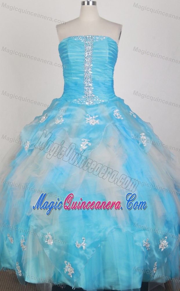 Ruching Strapless Beading and Appliques Aqua Blue Quinces Dresses