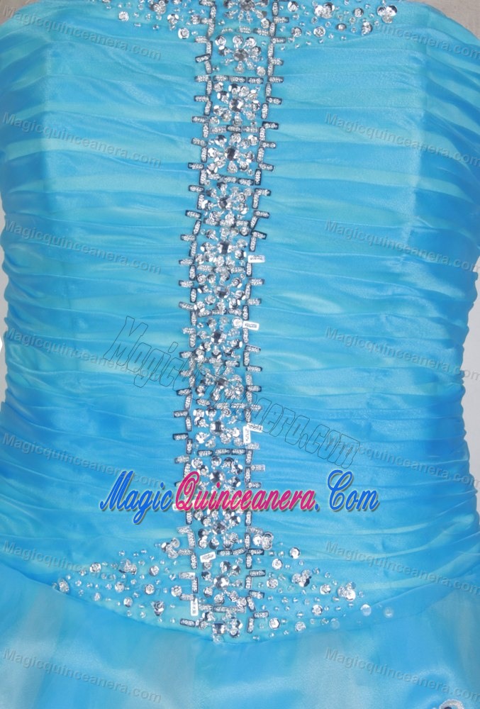 Ruching Strapless Beading and Appliques Aqua Blue Quinces Dresses
