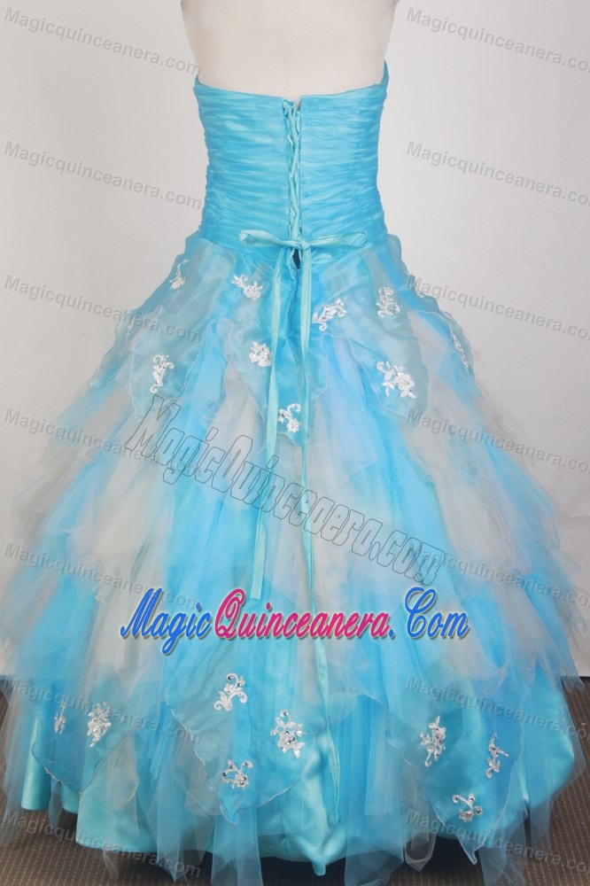 Ruching Strapless Beading and Appliques Aqua Blue Quinces Dresses