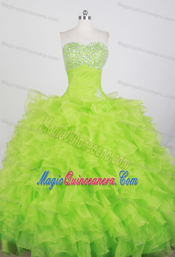 Yellow Green Beaded Ball Gown Strapless Ruffled Sweet 15 Dresses