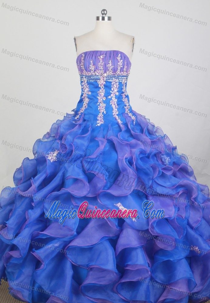 Pleated Strapless Appliques Blue and Purple Quinces Dresses