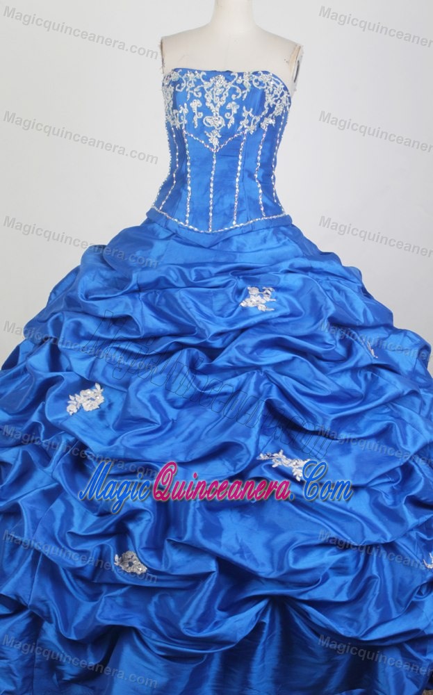 Royal Blue Strapless Sweet Sixteen Dresses with Pick-ups and Appliques