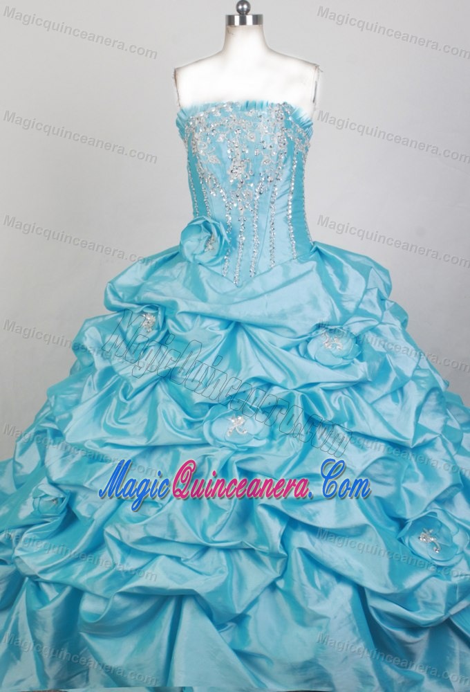 Ruffled Strapless Baby Blue Quinceanera Dresses with Beadings