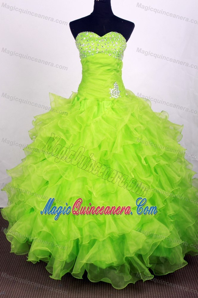 Lime Green Beading Sweetheart Ruffled Quinceanera Gown Dresses