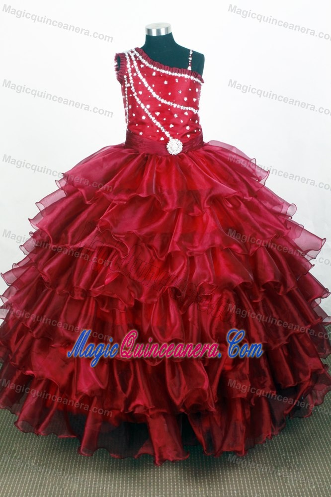 Beading One Shoulder Red Quince Dresses with Layered Ruffles
