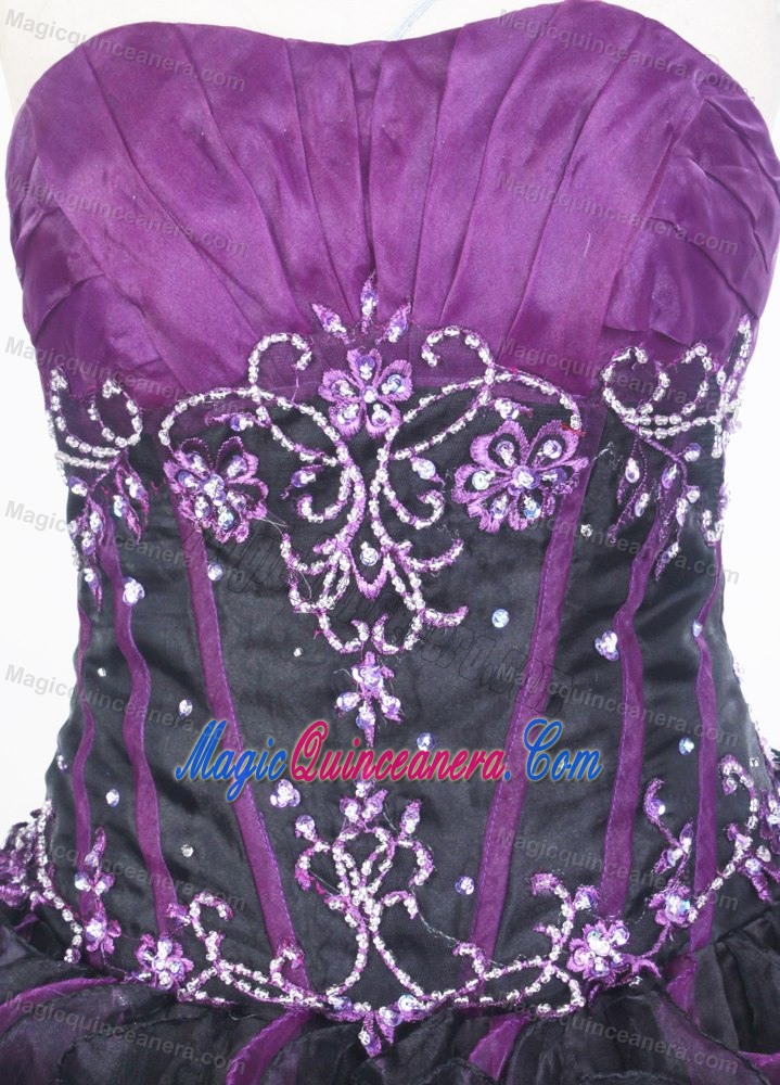 Ruching Strapless Purple and Black Ruffled Beaded Quinceanera Gown
