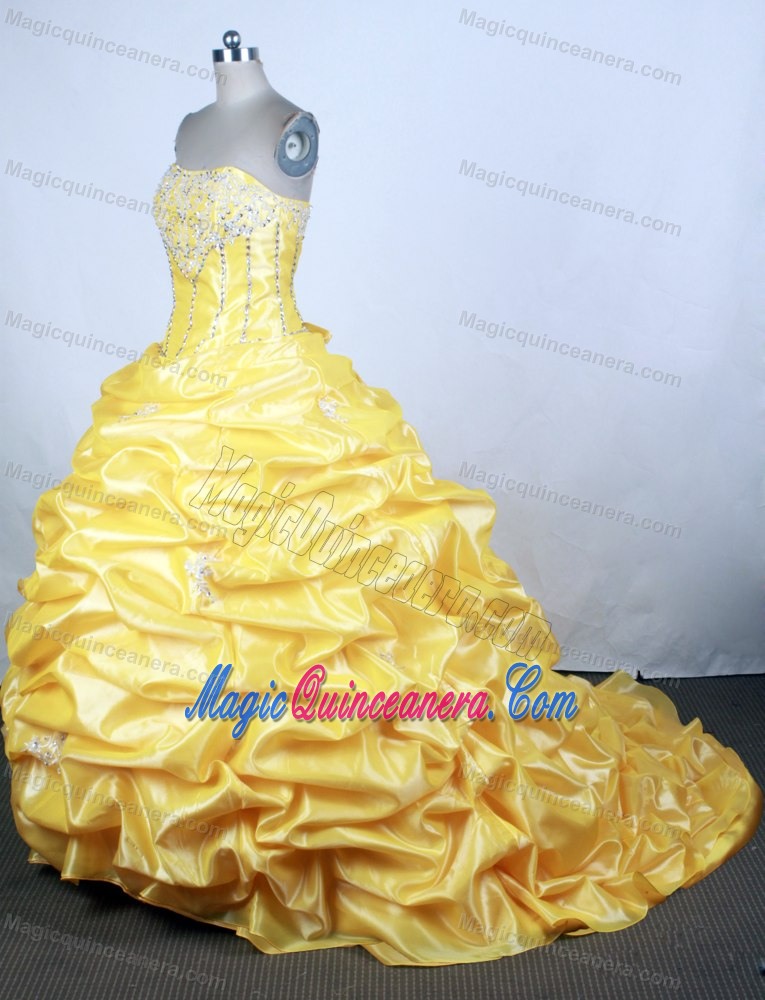 Yellow Strapless Beading and Pick-ups Dresses For a Quinceanera with Brush Train