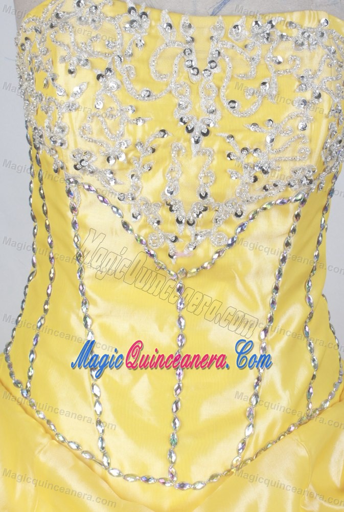 Yellow Strapless Beading and Pick-ups Dresses For a Quinceanera with Brush Train