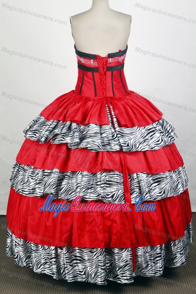 Sweetheart Red and Zebra Quinceanera Dress with Appliques and Ruffles