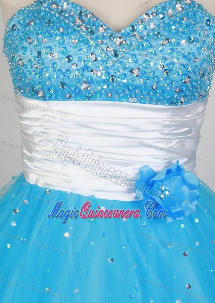Sweetheart Hand Made Flowers Beading Blue Organza Sweet 16 Dress