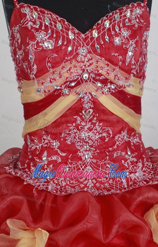 Hand Made Flowers Beading Straps Red Pick Ups Quinceanera Dress