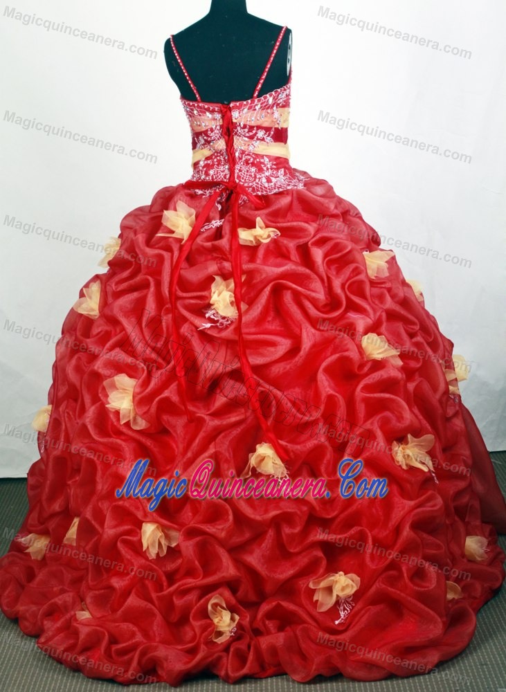 Hand Made Flowers Beading Straps Red Pick Ups Quinceanera Dress