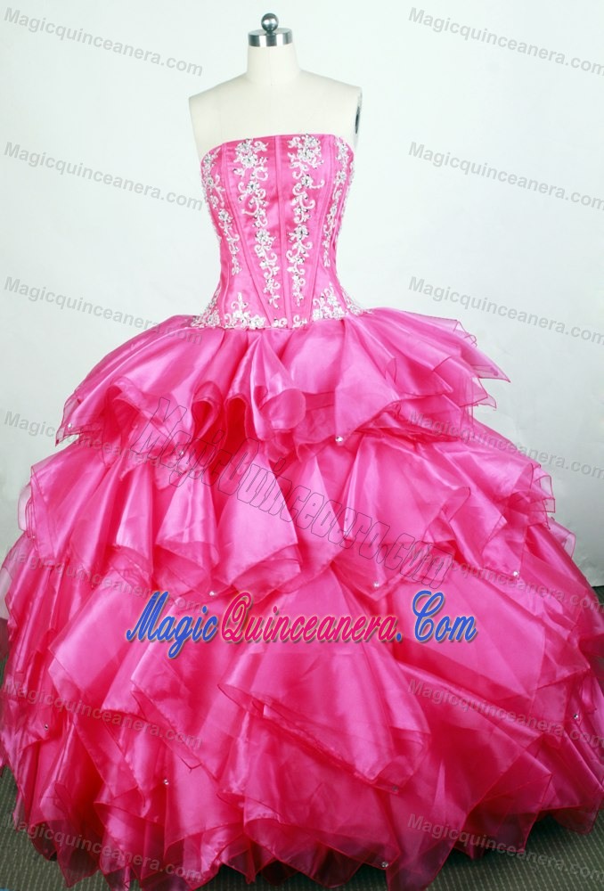 Chic Strapless Beading Appliques Ruffled Hot Pink Sweet Sixteen Gown