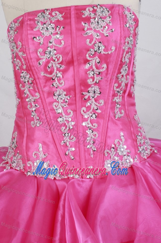 Chic Strapless Beading Appliques Ruffled Hot Pink Sweet Sixteen Gown