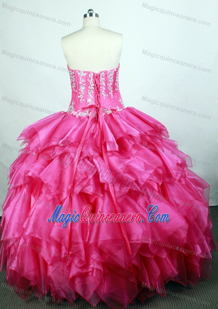 Chic Strapless Beading Appliques Ruffled Hot Pink Sweet Sixteen Gown