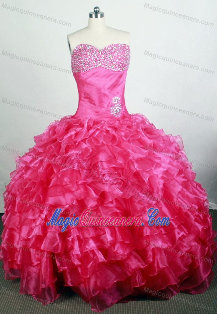 Ruched Sweetheart Beading Ruffled Hot Pink Quinceanera Dress on Sale