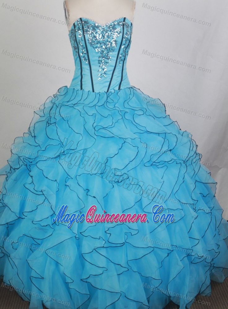 Sweetheart Sequin Aqua Blue Ruffled Quinceanera Dress with Black Hem