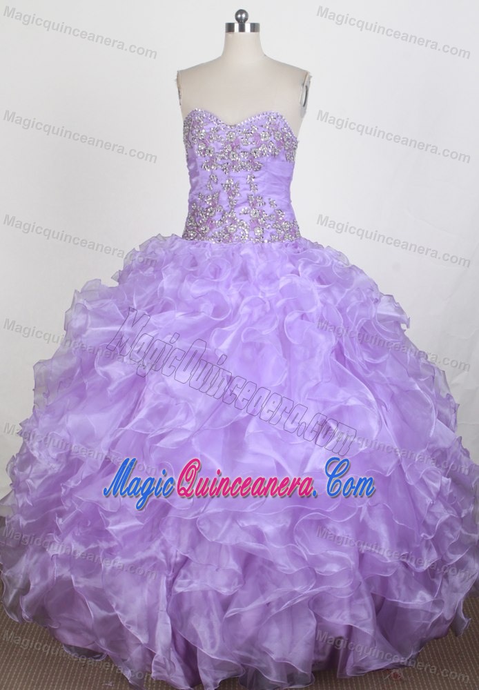 Lilac Sweetheart Appliques and Beading Organza Ruffled Dresses For 15