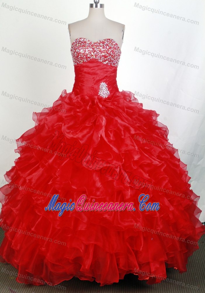 Brand New Ruffles Beading Sweetheart Red Quinceanera Dresses Gown