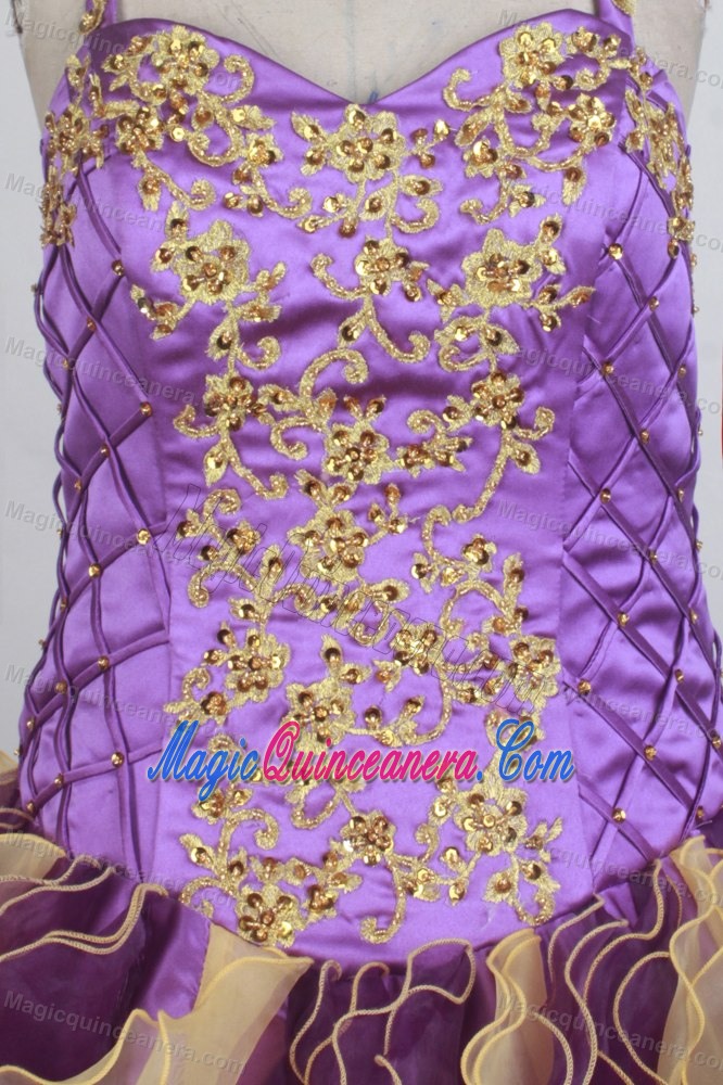 Halter Top Appliques and Beading Ruffled Two-tone Chic Sweet 15 Gown