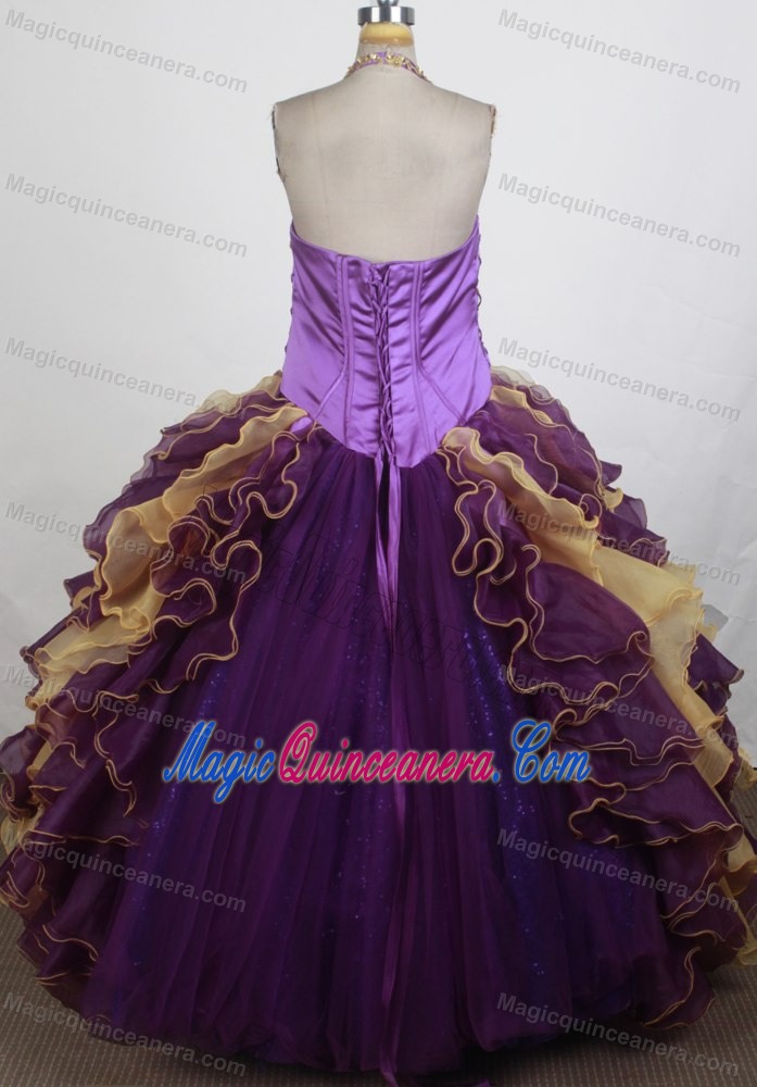 Halter Top Appliques and Beading Ruffled Two-tone Chic Sweet 15 Gown