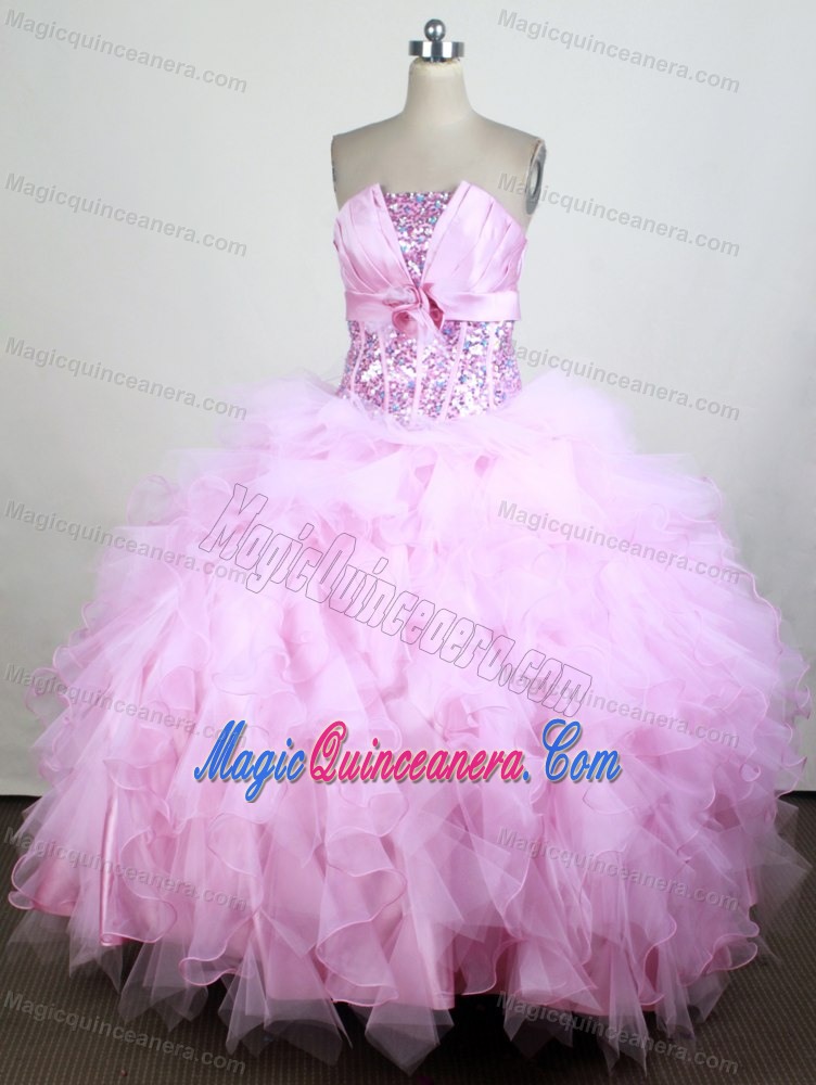 Pink Sequin Strapless Ruffled Ball Gown Quinceanera Dress on Promotion