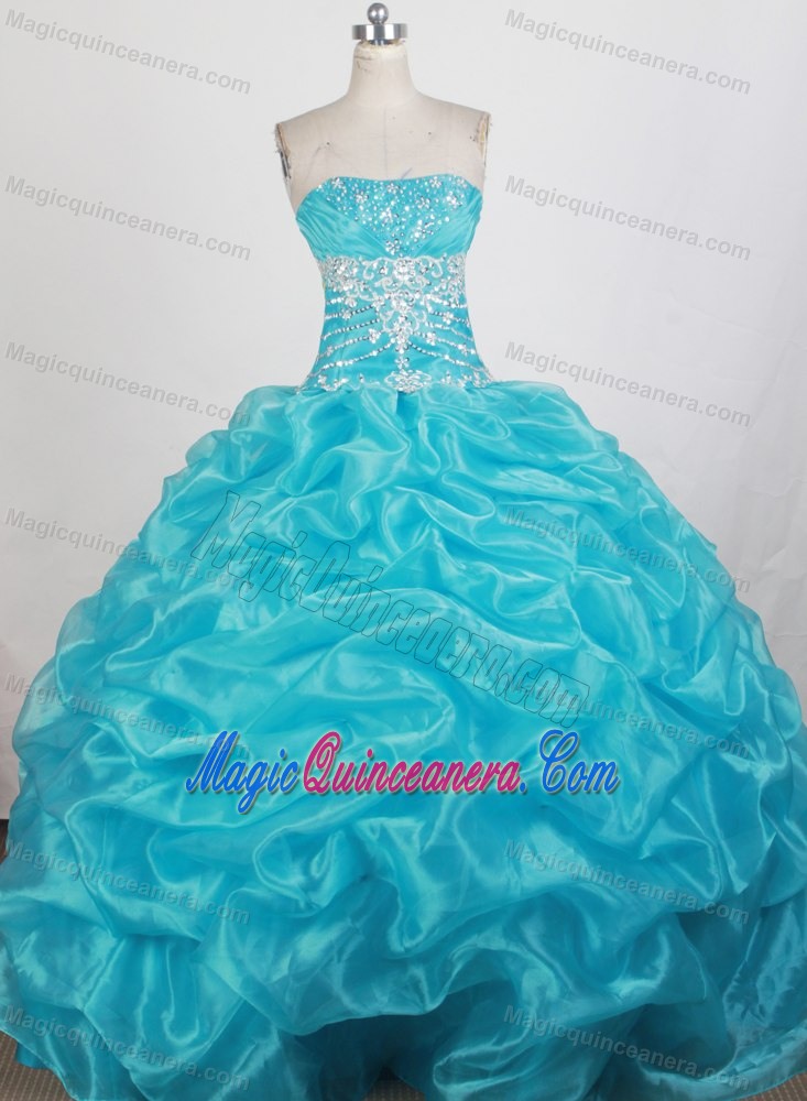Beading Strapless Aqua Blue Quinceanera Dress with Pick Up and Ruche