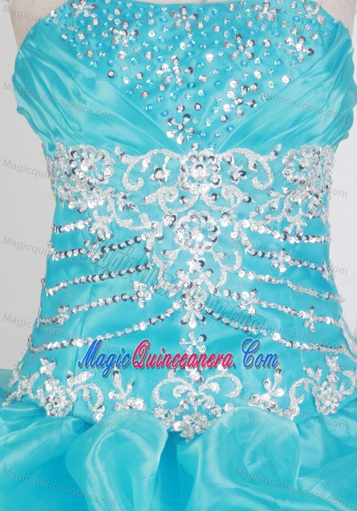 Beading Strapless Aqua Blue Quinceanera Dress with Pick Up and Ruche